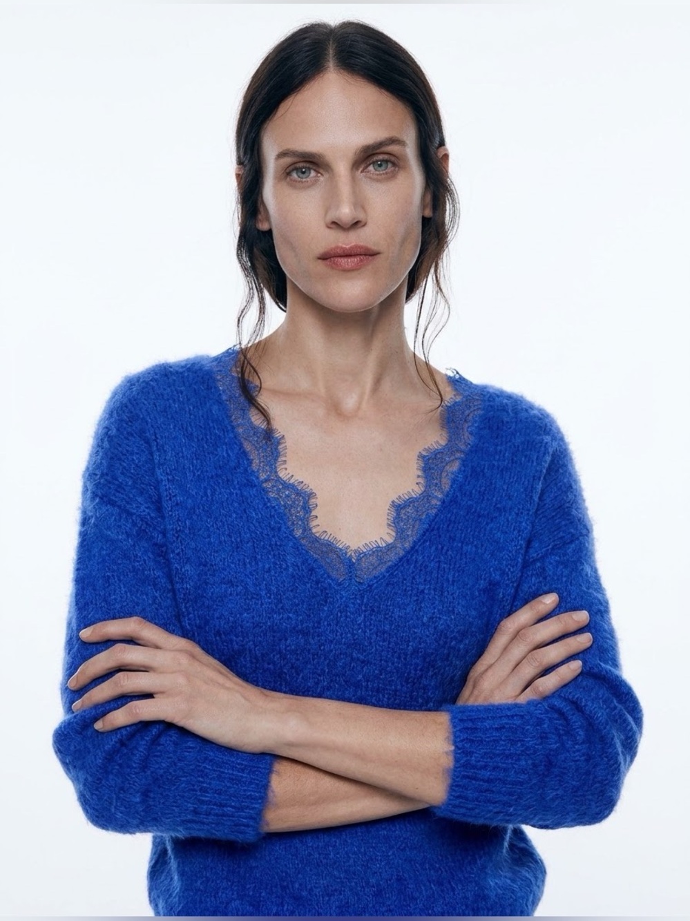 Zara Lace V Neck Cobalt Blue Sweater , size Small